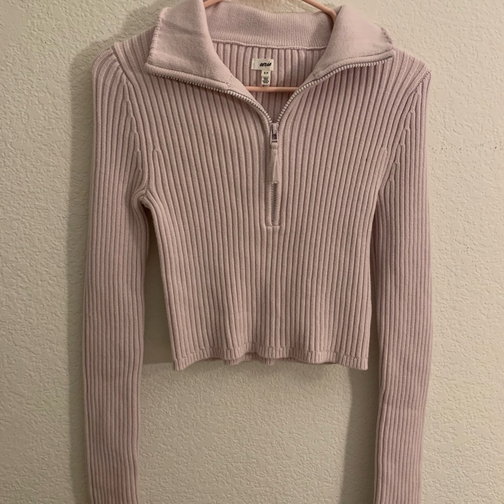 NWOT Aerie Light Pink Ribbed Zip-Up Sweater